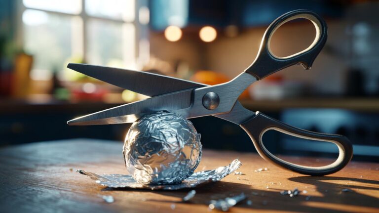 Illustration of a pair of scissors cutting a tightly scrunched aluminium foil ball to restore sharpness in 10 snips