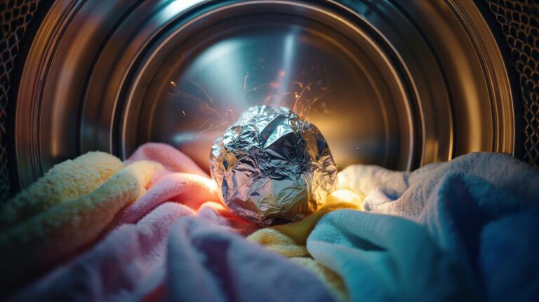 Illustration of an aluminium foil ball in a tumble dryer with clothes, eliminating static and reducing drying time