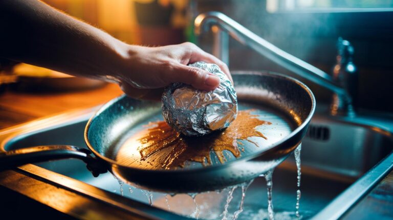 Illustration of a hand using a scrunched aluminium foil ball to remove crusty stains from a stainless-steel pan
