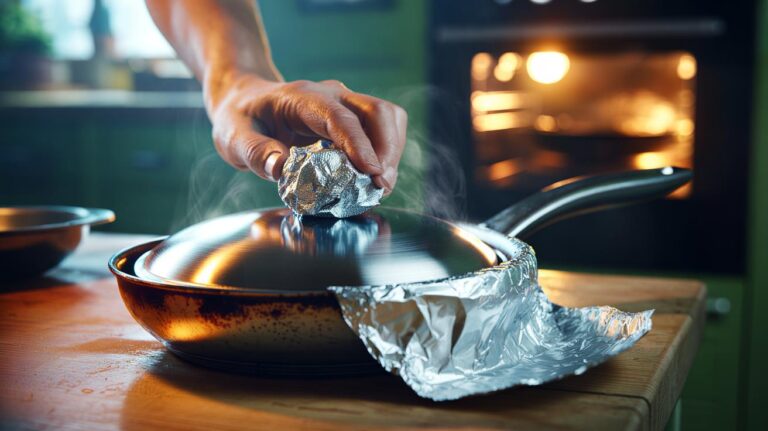 Illustration of aluminium foil being used to polish a dull stainless-steel pan after low-heat foil tenting, highlighting heat reflection and gentle micro-abrasion.