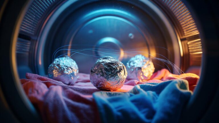 Illustration of aluminium foil balls tumbling with laundry inside a tumble dryer neutralising static electricity on clothes