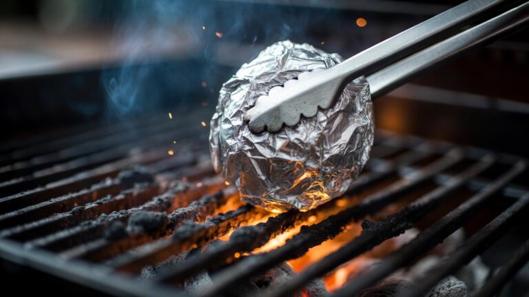 Illustration of a crumpled aluminium foil ball scrubbing a warm grill grate, the foil edges cutting through char without damaging the grate