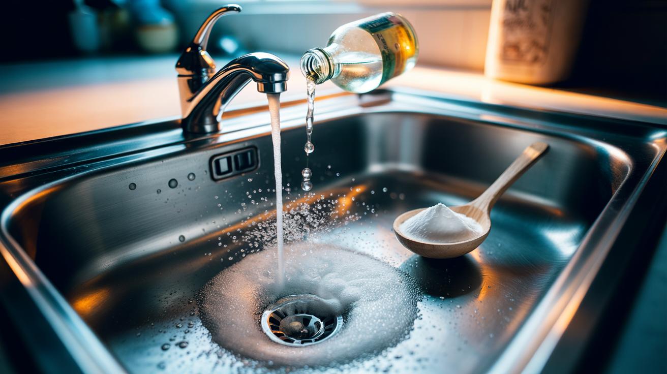 Illustration of baking soda and vinegar fizzing in a sink drain to clear a blockage in under 10 minutes