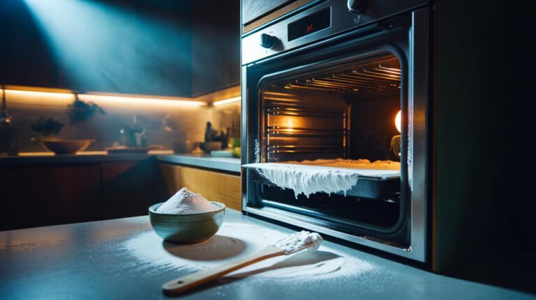 Illustration of baking soda paste applied inside an oven overnight to loosen baked-on gunk and neutralise odours