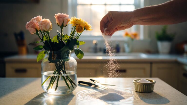 Illustration of a hand sprinkling baking soda into vase water to revive wilted flowers