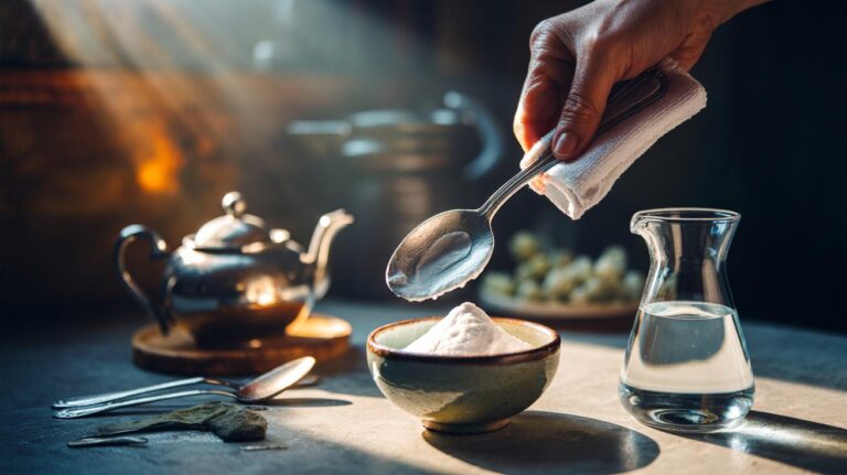 Illustration of baking soda paste being applied with a soft cloth to tarnished silverware, gently abrading silver sulphide to restore a bright shine