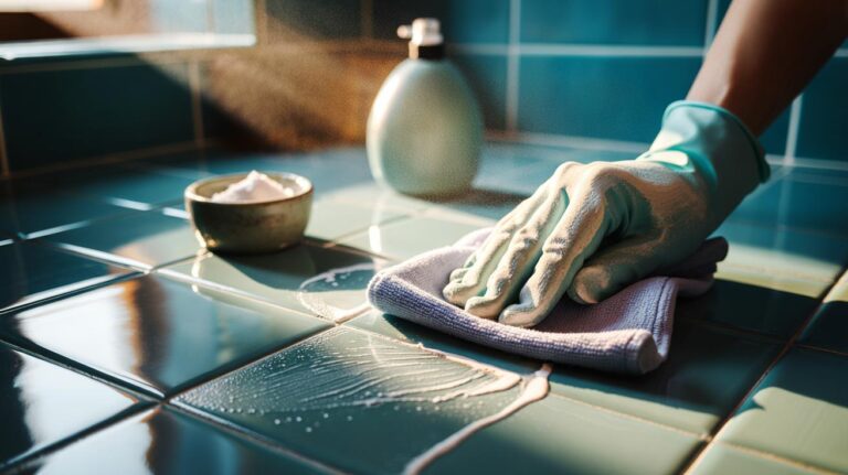 Illustration of a hand using a soft microfiber cloth to apply baking soda paste on bathroom tiles, lifting soap scum for a glossy finish