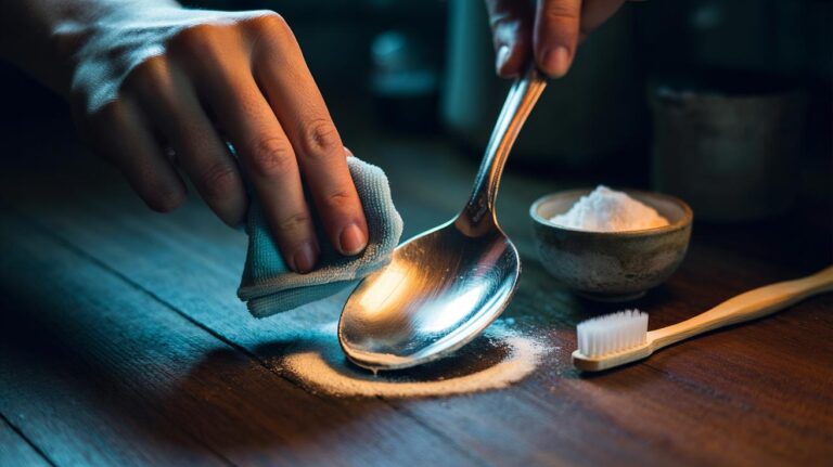 Illustration of baking soda paste being rubbed onto tarnished silverware with a soft cloth, restoring a mirror finish