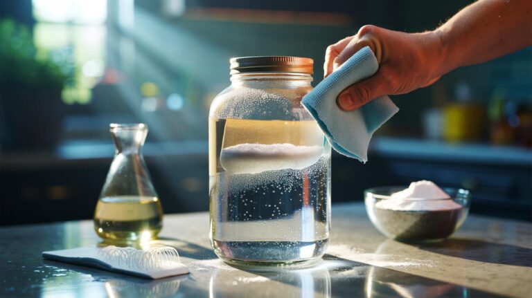 Illustration of baking soda and vinegar fizz lifting label adhesive from a glass jar with a microfiber cloth and a plastic scraper nearby