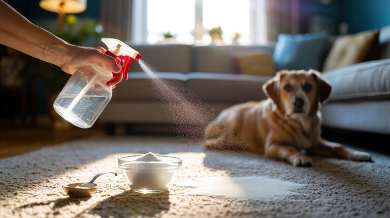 Illustration of a hand using a spray bottle of baking soda solution to freshen a carpet by neutralising odours
