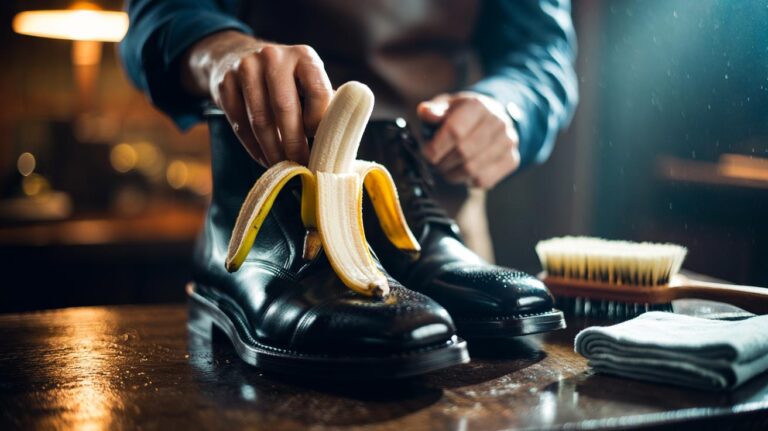 Illustration of a person polishing leather boots with a banana peel
