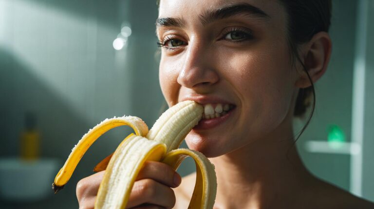 Illustration of a person gently rubbing the inside of a banana peel on their teeth to brighten the smile naturally