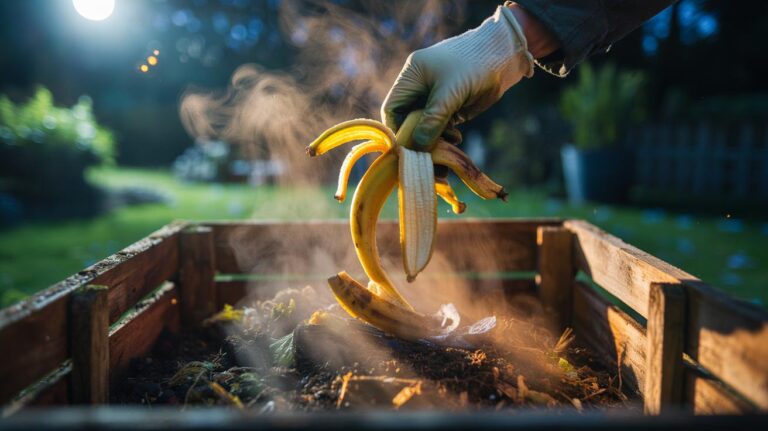 Illustration of banana peel being added to a garden compost heap at night, showing enzyme-driven breakdown of organic waste
