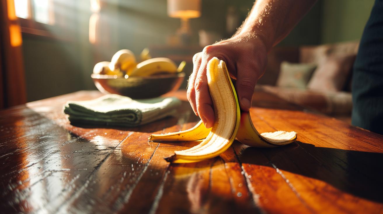 Illustration of a hand polishing a scratched wooden table with the inside of a banana peel to blend surface scuffs using natural oils