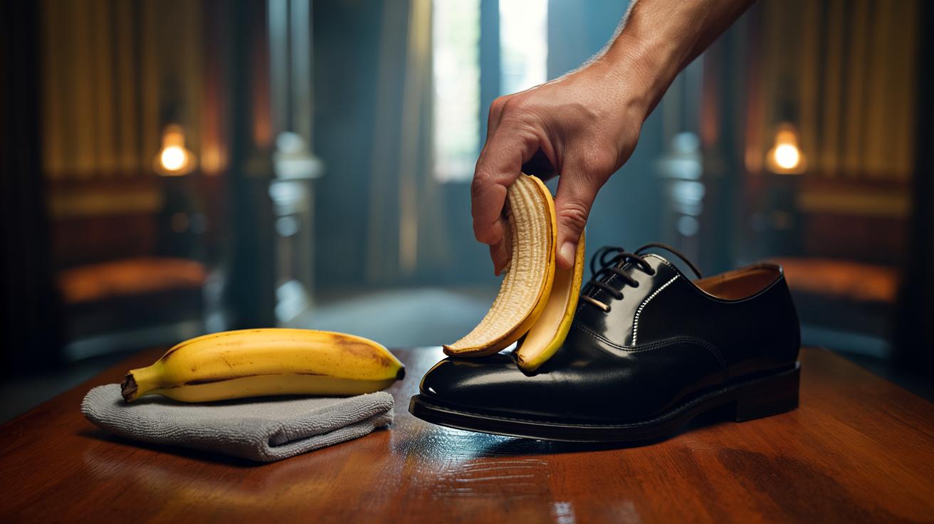 Illustration of a hand buffing smooth leather shoes with the inside of a banana peel for an instant natural shine