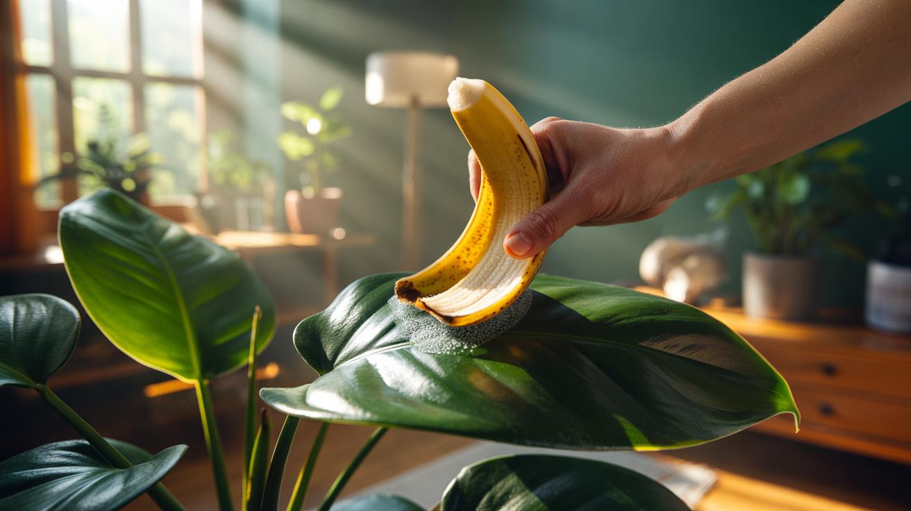Illustration of a hand polishing a houseplant leaf with the inner side of a banana peel to restore natural shine