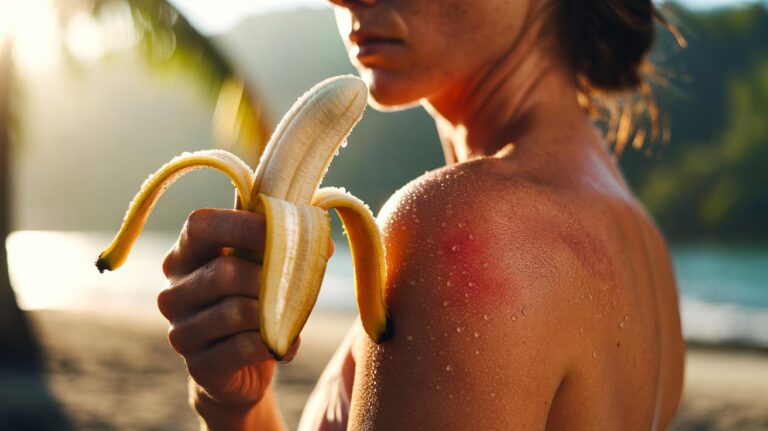 Illustration of a banana peel gently applied to sunburned skin to calm inflammation in 10 minutes