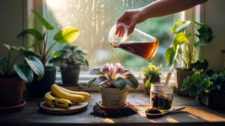 Illustration of banana peels being used as natural fertiliser for potted houseplants on a windowsill