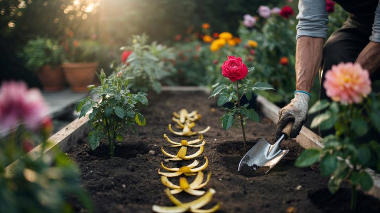 Illustration of chopped banana peels being incorporated into garden soil around blooming roses