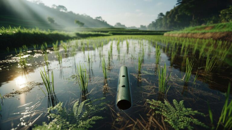 Illustration of rice paddies under shallow flood with Azolla, microbial blooms, and straw incorporation rapidly enhancing soil fertility within weeks