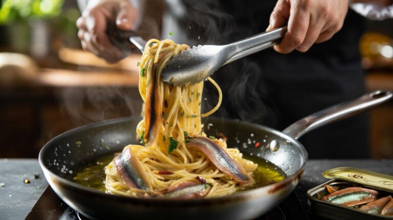 Illustration of anchovy fillets melting into olive oil in a pan to elevate a pasta sauce