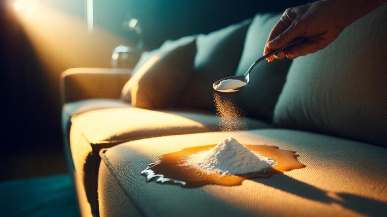 Illustration of cornstarch being sprinkled over a fresh grease stain on a fabric sofa to draw out the oil in ten minutes