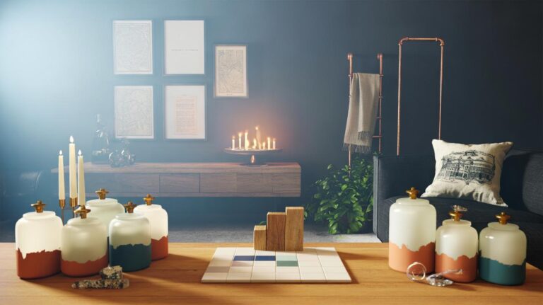 Illustration of everyday objects transformed into stylish home accessories, including frosted glass jars with knobbed lids, framed maps and magazine pages, repurposed textile cushions, and a copper pipe wall rack styled in a modern room