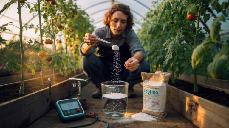 Illustration of a gardener using baking soda and a pH meter to make rapid soil pH adjustments for crops