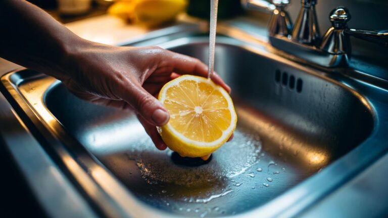 Illustration of a hand rubbing a cut lemon on a stainless steel sink to dissolve limescale and grease and restore a bright shine.