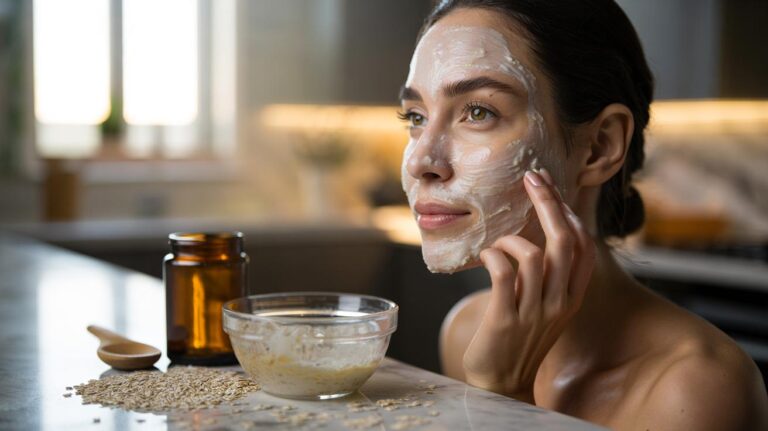 Illustration of colloidal oatmeal prepared from rolled oats and applied as a soothing face mask for glowing skin