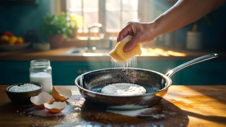 Illustration of crushed eggshell powder being used as a gentle calcium-based abrasive to remove burnt-on residue from a stainless-steel pan without scratching