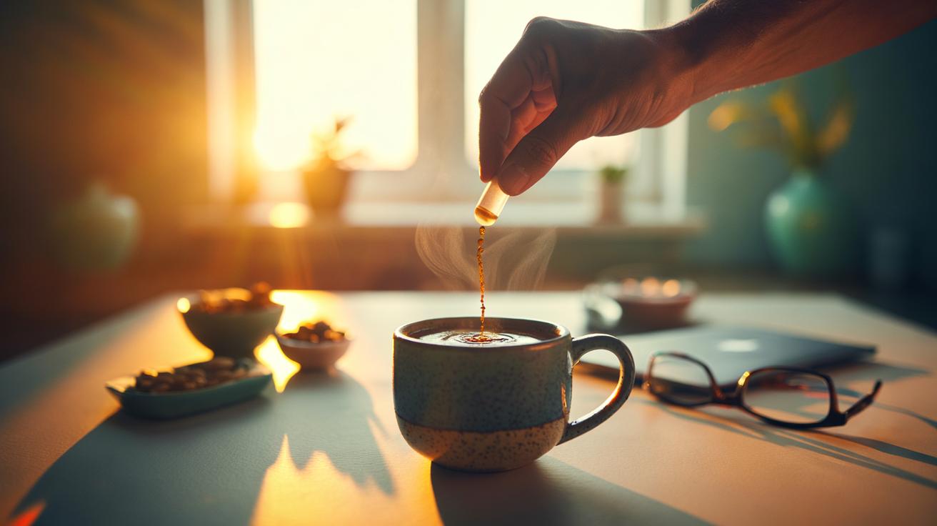 Illustration of adding L-theanine to morning coffee to enhance focus