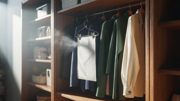 Illustration of a dryer sheet clipped to a hanger inside a wardrobe, keeping clothes fresh all week as fabric softener continuously neutralises odours