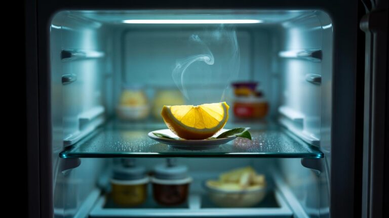 Illustration of a lemon wedge placed on a small dish inside a refrigerator to neutralise odours using citric acid