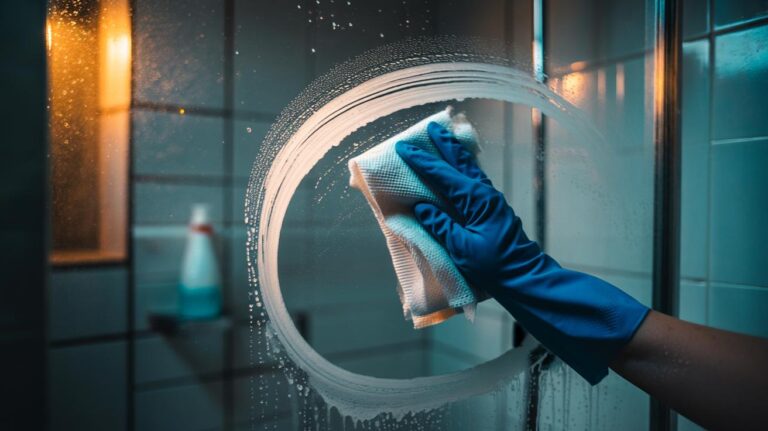 Illustration of a hand using a dryer sheet to wipe soap scum from a glass shower door