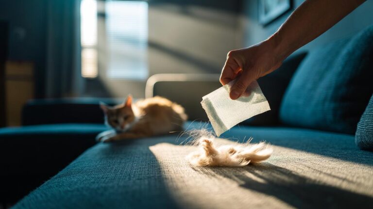 Illustration of a hand using a dryer sheet to lift pet hair from a fabric sofa through friction and static reduction