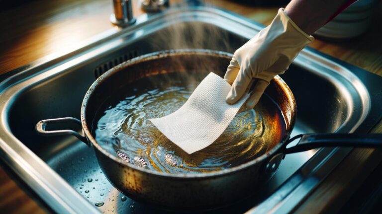 Illustration of a dryer sheet soaking in a greasy roasting pan filled with warm water, dissolving stubborn fat deposits