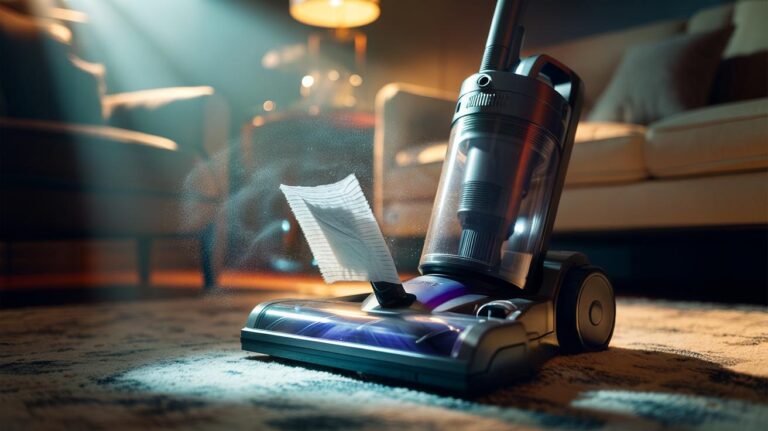 Illustration of a dryer sheet placed inside a hoover’s dust bin to trap dust mites using static electricity during vacuuming