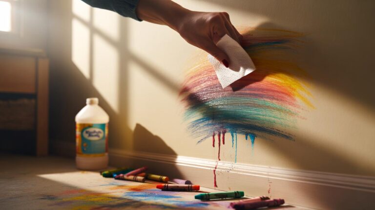 Illustration of a hand using a dryer sheet to wipe a child’s crayon drawing off a painted wall