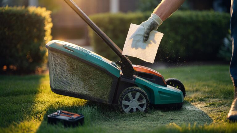 Illustration of a hand wiping the underside of a lawn mower deck and blades with a dryer sheet to reduce static and grass build-up