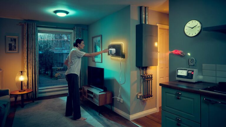 Illustration of a UK homeowner checking a smart meter, switching off standby devices, and lowering boiler flow temperature during a one-hour audit to halve energy bills