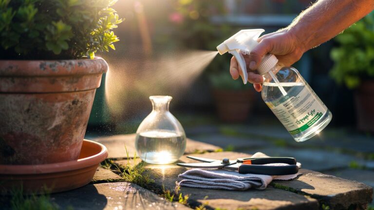 Illustration of using household vinegar with a spray bottle to clean garden pots, tools, and patio cracks for a quick two-minute refresh