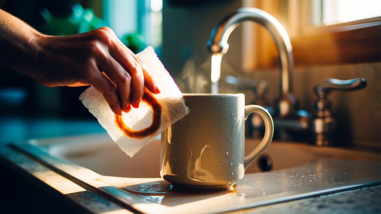Illustration of a hand using a dryer sheet to rub away a tea or coffee ring from a glazed ceramic mug at a kitchen sink