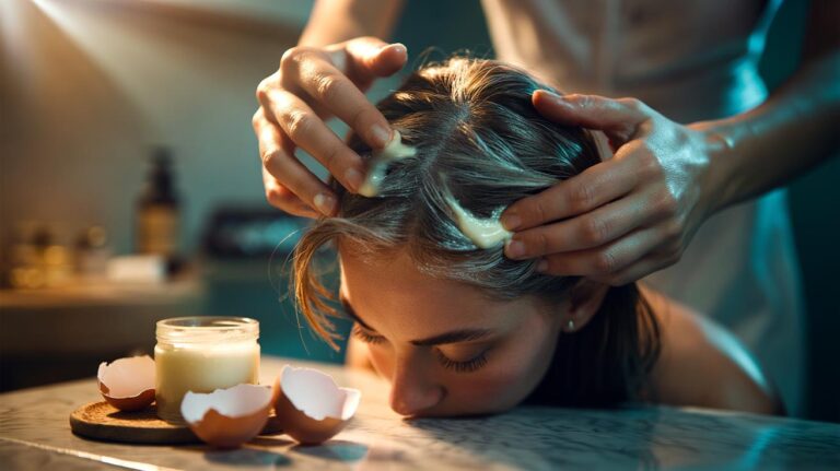 Illustration of a person massaging eggshell balm into the scalp to nourish hair follicles during a 10-minute treatment.