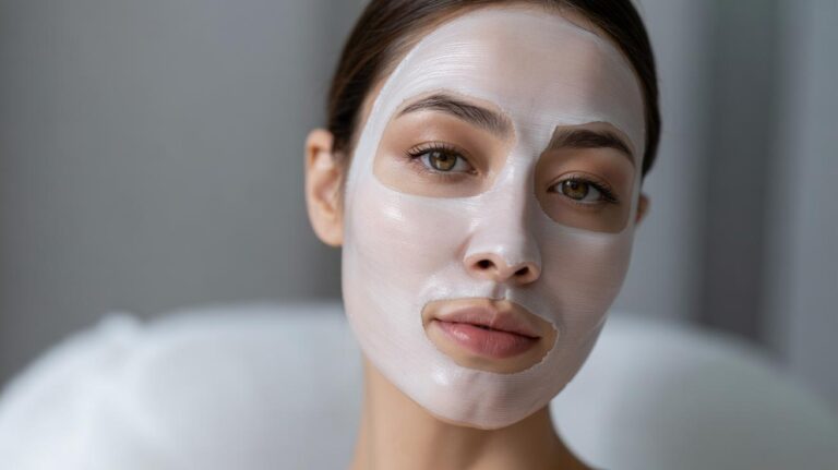 Illustration of an eggshell powder face mask being applied for a 10-minute calcium-based pore-tightening skincare treatment