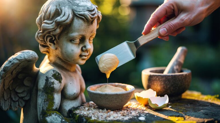 Illustration of eggshell paste being applied to a chipped garden sculpture, the calcium-rich mixture smoothing the chip in one application