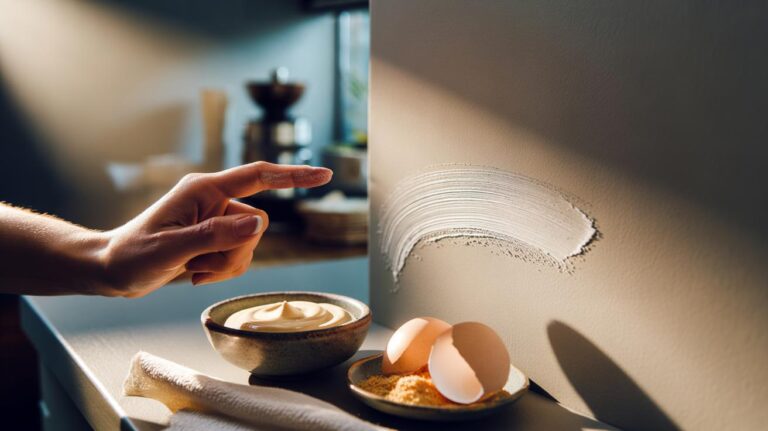 Illustration of a hand applying a thin eggshell powder paste to a scuffed matte white wall with a soft cloth, with cleaned crushed eggshells and a small mixing bowl nearby