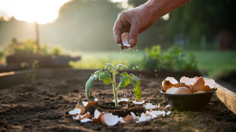 Illustration of crushed eggshells being sprinkled onto garden soil around young plants as a calcium-rich natural fertilizer