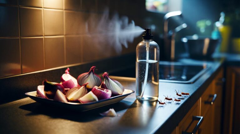 Illustration of chopped onion pieces and an onion-infused spray bottle placed near skirting boards at night to repel household pests