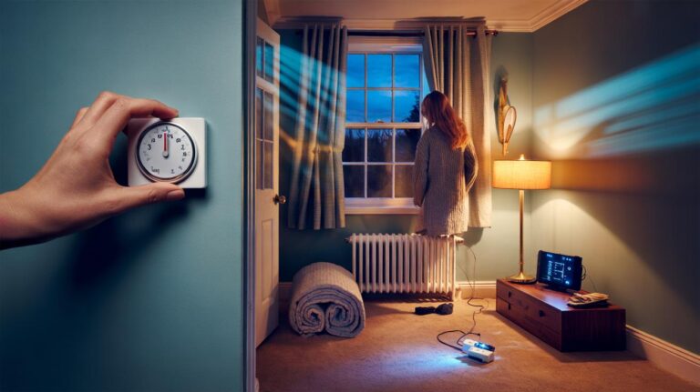 Illustration of a homeowner applying the 5-4-3-2-1 no-spend energy efficiency rule by adjusting the thermostat, closing curtains, blocking a door draught with a towel, and switching off standby devices